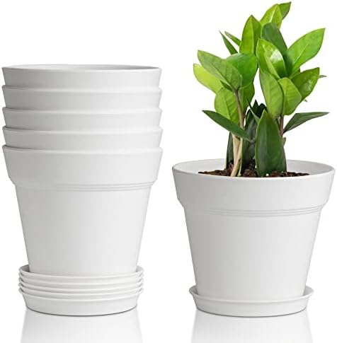 T4U Plastic Plant Pots 6-Pack, Flower Pot with Drainage Hole and Saucer, Classic Indoor Outdoor Plant Pots for Succulent, Snake Plant, Aloe Vera and All House Plants (16CM Opening Diameter, Black)