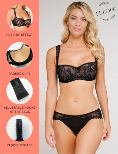 Rosme Women's Balconette Bra with Push Up Effect Plus Size Sexy Lace Demi Half Cup Bra Underwired Low Cut Mesh Bras Eliza4