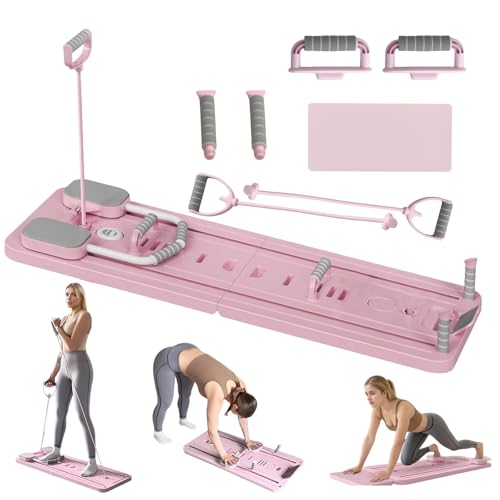 Pilates Board, 2025 Upgraded Faltbarer Pilates Reformer Maschine Set, 5-in-1 Pilates-Reformer mit LED-Zähler, automatischer Rückprallrolle für Übungen zu Hause (Pink)