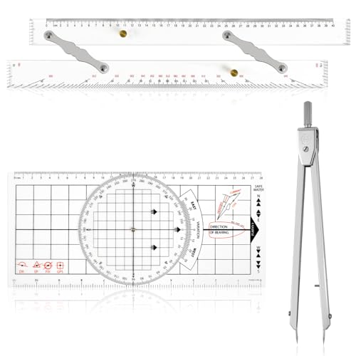 3 Pcs Basic Navigation Set, Land Navigation Kit Include 16 Inch Marine Parallel Ruler, Clear Scales Navigation Divider Marine Nautical Protractor, 6 Inch Marine Fixed Points Divider