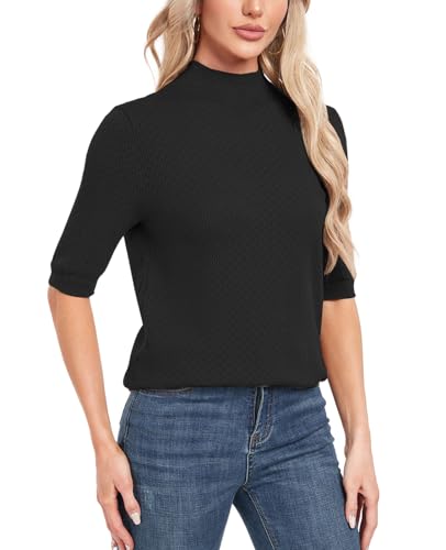 Image of MINTLIMIT Womens Turtleneck Sweaters Short Sleeve 2024 Fall Winter Casual Texture Shirt Blouse Knit Pullover Sweater