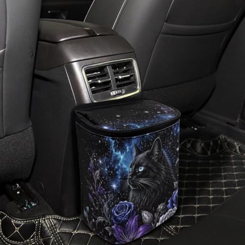 Image of Talayituse Galaxy Black Cat Flower Print Car Trash Can with Lid, Leak Proof Auto Trash Bag Hanging Vehicle Garbage Can Multipurpose Storage Container for Back Seat Road Trip Halloween Decor