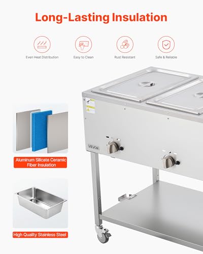 Image of VEVOR 3-Pan Commercial Propane Steam Table, LP Gas Outdoor Soup Warmer with Drain Valve and 3 inch Wheels, Stainless Steel Propane Food Warmer with Independent Temp Control, for Restaurant Outdoor Camping