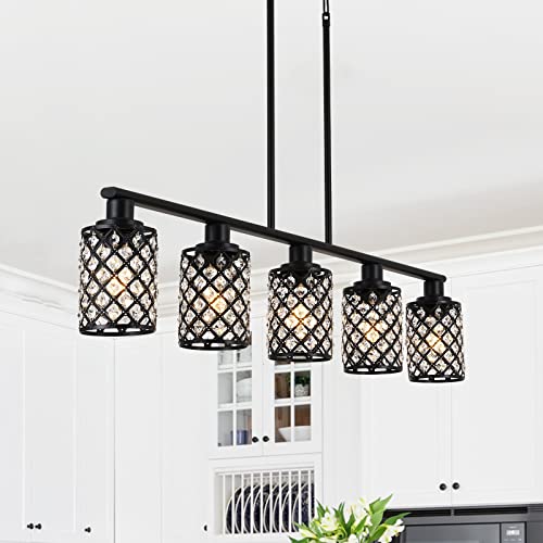 KPIOK Iluminación de isla de cocina, lámpara de comedor de 5 luces sobre mesa, lámpara de araña lineal negra con pantalla de cristal negra hecha a mano, iluminación colgante para cocina, mesa de