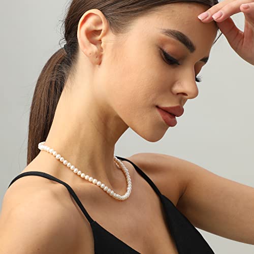 XYJZXY Pearl Necklace with Golden Charm, 18-Inch Adjustable Chain, 5-6mm White Pearls, Women Pearl Choker Necklace, Handmade Jewelry4