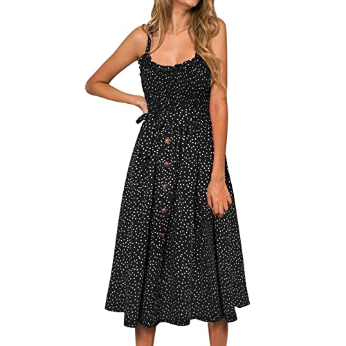 AMDOLE Lässiges hellbraunes Sommerkleid, lockeres Freizeitkleid, Damen-Trägerkleid, U-Druck, Spleißgürtel, Hals, Punkte, Freizeitkleid,...