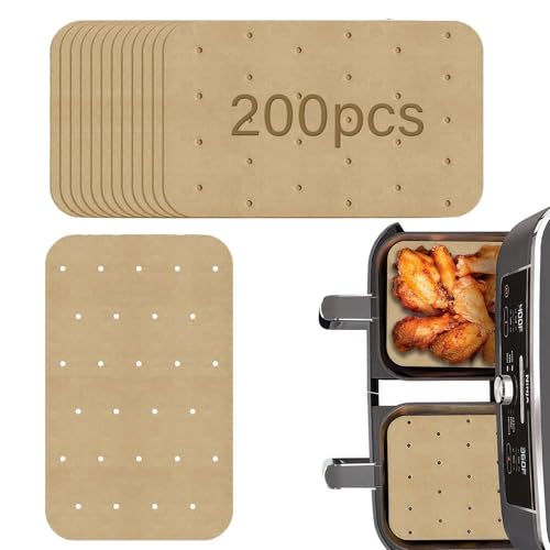 200Pcs Air Fryer Paper Liners, Disposable Airfryer Liners Dual Parchment Paper Compatible with Ninja AF400UK AF300UK Tower Salter, Nonstick Perforated Rectangle Cooking Paper Sheet 14 * 20.5cm