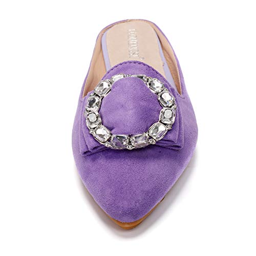Women's Pointed Toe Rhinestone Mules Shoes Slip On Comfortable Suede Backless Walking Slipper Casual Mules For Women Flats Purple Size 7.5 #TOP3
