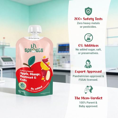 Image of Li'l Sprouts FruGies Superfood Baby Food Puree | 6 Flavours with Ragi Makhana & Oats Combo Pack | No Added Sugar | No Preservatives | Ready to Eat | 8+ Months | 600g