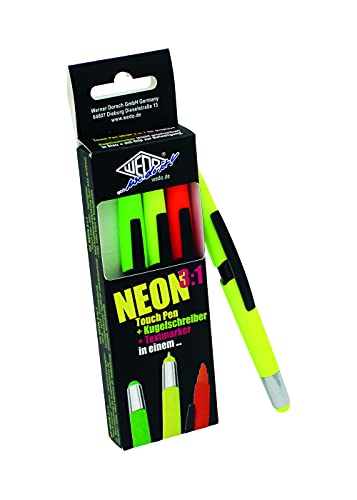 WEDO 261610499 3-in-1 Touchpen, Kugelschreiber und Textmarker, (4er Pack), 2x neongelb, neongrün, neonorange