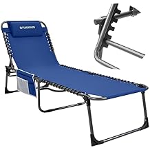 FUNDANGO Folding Outdoor Chaise Lounge Chair, 5-Position Adjustable Lounge Chair for Lawn, Patio, Beach, Sunbathing, Deck, Portable Heavy-Duty Camping Reclining Chair with Pillow, Blue