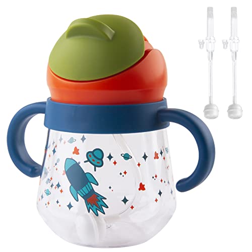 nohlerlife Taza para beber para bebés Vaso con boquilla de silicona, taza antiderrames para niños pequeños, taza de paja para bebé con asas (Azul(2 Pajitas))