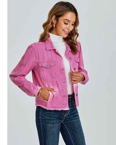Image of luvamia Denim Jacket for Women Distressed Jean Jackets Button Up Vintage Western Trucker Jacket Frayed Hem Pockets