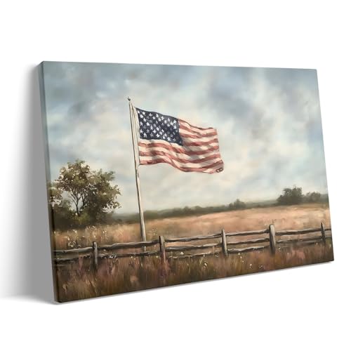 Image of Memorial Day Canvas Wall Art, Rustic American Flag in Countryside Field Poster, Patriotic Landscape Print, Vintage USA Flag Framed Artwork for Veterans and Independence Day Decor 8x10inch