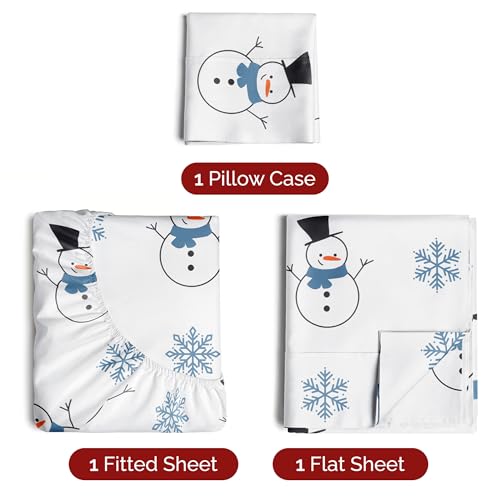 Twin XL Christmas Snowman Sheet Set - Holiday Xmas Pattern Bedding Set - Deep Pockets - Snug Fit - 3 Piece - Wrinkle Free - Comfy & Cooling Festive Winter - Holiday Sheets for Women, Men, Kids & Teens
