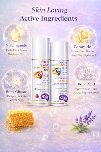 Image of Get Nectar Happiness SPF 55 PA+++ Combo | Tinted Sunscreen + Glow Sunscreen Gel | Broad Spectrum UVA & UVB Protection | No White Cast | non-greasy | Suitable for All Skin Types (Pack of 2, 50ml Each)