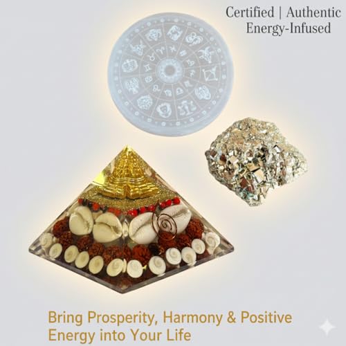 Image of inchOriginal Pyrite Stone with Natural Selenite Charging Plate and Shree Yantra Pyramid | Lab Certified Crystal Set for Wealth, Business Luck, Reiki Healing & Vastu Energy inch (SEL)