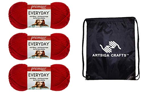 Premier Yarns Everyday Anti-Pilling Really Red DN100-7 (3-Skeins - Same Dye Lot) #4 Worsted Weight Acrylic Yarn for Crocheting and Knitting with Project Bag
