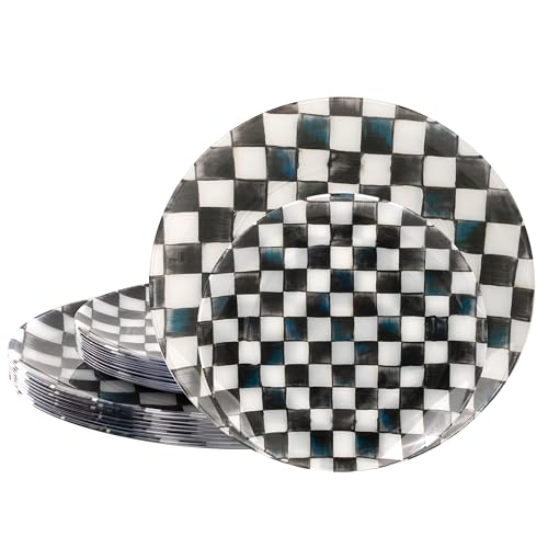 U-QE 20PCS Black Plastic Plates for Party - Retro Checkered Plates Disposable Heavy Duty - Black and White Plate for Party Birthdays - 10 10.25 Inch Dinner and 10 7.5 Inch Dessert Plate