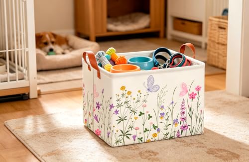 Image of CLOCOR Rectangular Storage Basket Empty,Gift Basket,Waterproof Storage Bin with Handles,Room Decor(Flower)