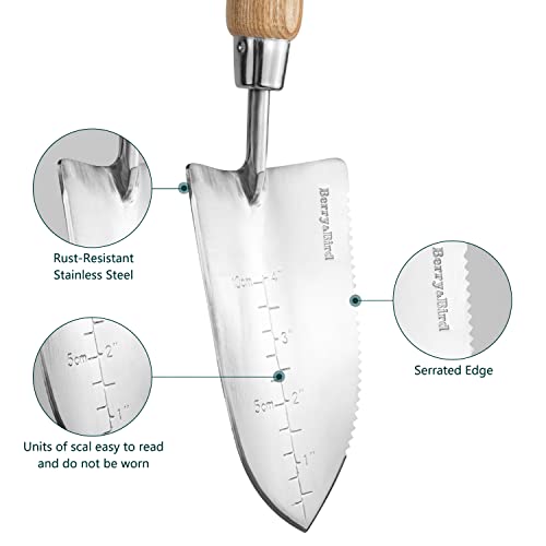 Image of Berry&Bird Garden Serrated Planting Trowel, Multifunctional Shovel with ash Wood and Stainless Steel Digging Trowel Transplanter