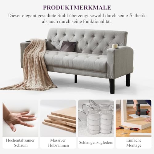 GRAVFORCE Sofa 2 Sitzer Couch mit 2 Ladeports und 2 Becherhaltern 157cm 2er Sofa Klein für Jugendzimmer, Wohnzimmer, Wohnung, Büro, Einfache Montage Stoff Hellgrau