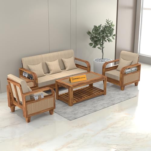 Image of Sheesham Wooden 5 Seater Sofa for Living Room | Solid Wood Sofa with Rattan Cane Side Rack | Rosewood Sofa Set for Home & Office | Lounge (Honey, 3+1+1 Seater)