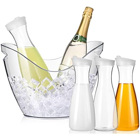 5 Pcs Ice Bucket for Parties Water Carafe with Lids 8 Liter Plastic Oval Ice Tub 4 Clear Juice Carafe Pitchers Beverage Chiller Bin and Jugs for Bar Kitchen Cabinet Iced Tea Juice Lemonade Milk Cover