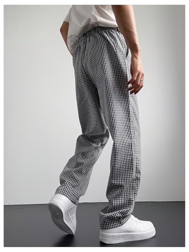 GORGLITTER Men's Gingham Plaid Track Pants Baggy Wide Leg Drawstring Slacks Trousers with Pockets3