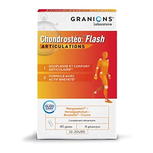 GRANIONS Chondrostéo+ Flash Articulations - 40 Gélules = 10 Jours - Mangoselect (Garcinia Mangostana), Boswellia, Harpagophytum - Confort Articulaire - Laboratoire des Granions - Marque Française Cover