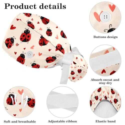 Image of Butterfly Scrub Cap Women with Ponytail & Buttons Adjustable Surgical Nurse Hat with Cotton Sweatband for Long Hair