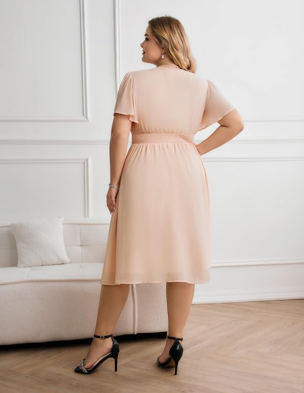 Hanna Nikole Grandi Dimensioni Donna Abiti In Chiffona Maniche Volant Abiti Casual Semiformale Estate Che Scorre Ospiti Di Sposa Abito Midi A Linea Abito Con Vita