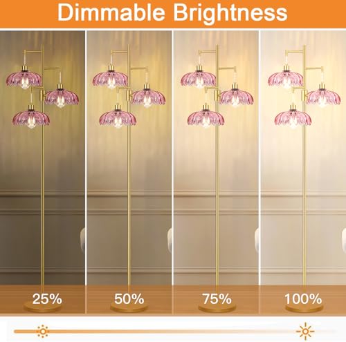 Image of ZECOXOL Gold Floor Lamps for Living Room-3 Light Dimmable Floor Lamp with Three Bulbs & Glass Lampshape, Mid Century Modern Standing Lamp Tree Tall Flower Floor Lamp for Bedroom Living Room,Corner