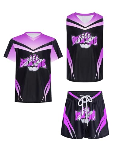 Kids Boys 3Pcs Sport Set Color Block Letter Printed Outfit for MMA Kickboxing Exercises Purple 12 Years