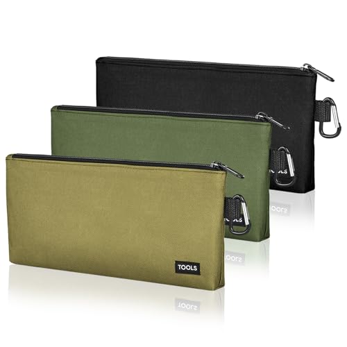 3 Pack Premium Tool Pouches Zipper Bag, 12 in Small Tools Bags with Carabiner, Heavy Duty Flat Bottom Utility Multipurpose Storage Organizer Bag for Tool, Stationary, Pencil (Tan, Navy Green, Black)