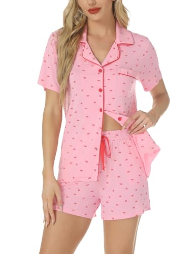 Image of Pjmlifecoco Women's Modal Pajama Set Short Sleeve Button Down Two Piece Soft Sleepwear with Shorts Loungewear S-XXL