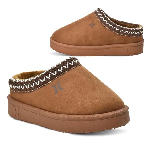 Hurley Kids Modi Slippers – Indoors and Outdoors Shoes, Boys and Girls Slip On Slippers, Durable - Slip On Clogs with Faux Fur Fleece Lining - Warm Winter House, Chestnut