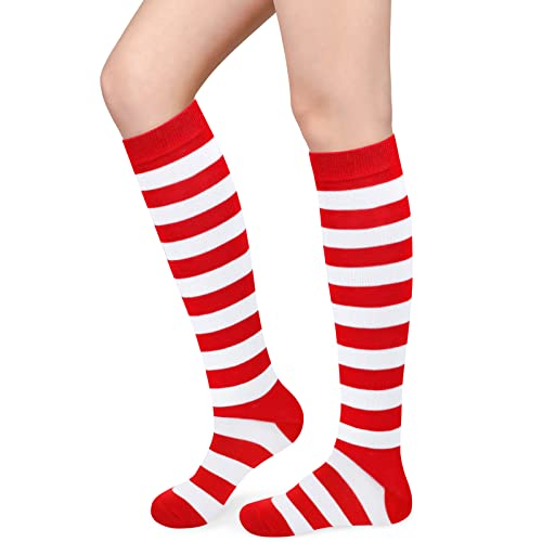 Sarfel Red and White Striped Socks Christmas Knee High Socks Women Christmas Sock Red Knee High Sock for Women Elf Costume