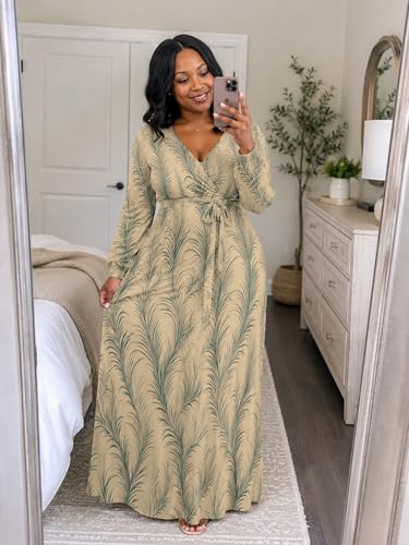 Image of PinkPatty Women's Long Sleeve Maxi Dress Plus Size Trendy Wedding Guest Wrap Dress with Pockets&Belt