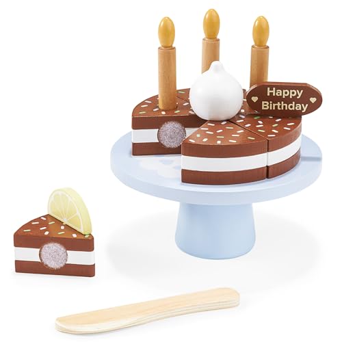 Mamabrum Gâteau d'anniversaire en Bois - Jouet avec 6 Parts Découpables, Bougies, Crème, Chocolat et Accessoires - Jeu de Rôle Cuisine pour Enfants 3+ Ans (14 Items)