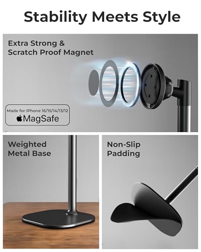 COOPER MagStand, Adjustable Magnetic iPhone Stand for Desk & Phone Holder for Video Recording, Compatible with MagSafe, Stand for iPhone 17 Pro Max, 16/15/14/13/12, Small Mag Safe Tripod (Black)
