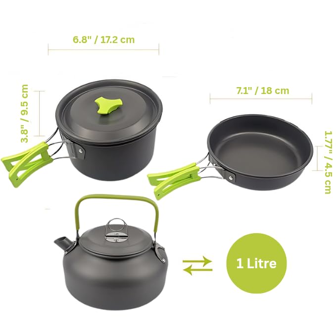 Image of 12-Piece Camping Cookware Mess Kit with Tea Pot, Lightweight Nonstick Pot & Pan Set with Spork, Bowls, Knife & Travel Bag - Compact Outdoor Cooking Gear for Backpacking, Hiking, Scouts