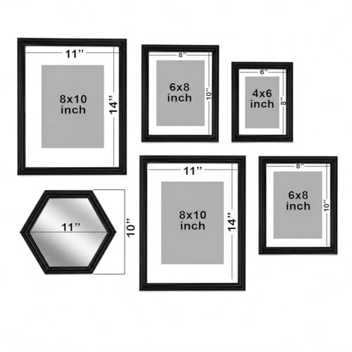 Image of Art Street White Gallery Wall Photo Frame Set with Hexagon Mirror | Modern Collage Timeline Wall Decor for Living Room, Bedroom & Family Memories | Multi Size Frame Set