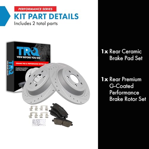 Image of TRQ Rear Ceramic Brake Pad and Rotor Set Drilled Slotted Compatible with 16-19 Ford Mustang EcoBoost without Performance Package, 16-19 Ford Mustang EcoBoost Premium without Performance Package