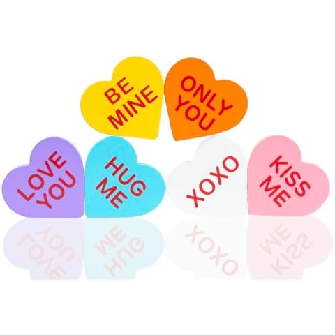 6 Pcs Double Side Printed Wood Heart Signs, Valentines Day Decor Freestanding Valentines Day Decorations Conversation Heart for Tiered Tray, Table, Desk, Mantle, Shelf Deocr Cover