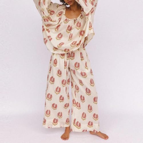 Women Ruffle Pajama Set Long Puff Sleeve Babydoll Shirt Pants Set Gingham 2 Piece Lounge Outfit Sleepwear3