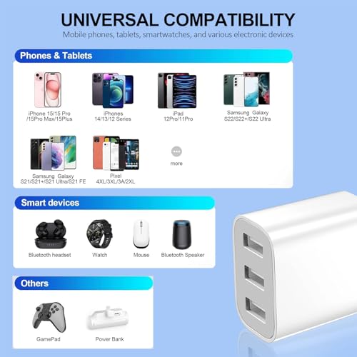 Image of USB Wall Charger,3- Pack USB Cube Power Adapter Charger Plug Block Charging Box for Phone 15 14 13 12 11 Pro Max 10 SE X XS Plus S23 S22 S21 Power Block Fast Charging Box Brick