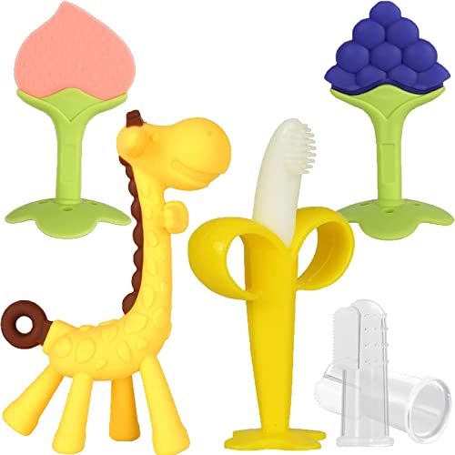 Image of HAILI XMGQ Baby Teething Toys, Silicone Teether Freezer BPA Free, Soothe Babies Relief Sore Gums, Banana Finger Toothbrush, Fruit Shape Giraffe Set for Infant Boys and Girls