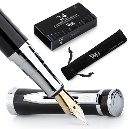 Image of Wordsworth & Black Fountain Pen Set for Writing,Extra Fine Nib,Black Chrome | Gift for Men & Women, Brass Body, German Iridium, Calligraphy, Converter + 24 Ink Cartridges, Refillable, Leak-Free