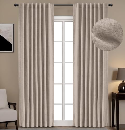 INOVADAY 100% Blackout Curtains 108 Inches Length 2 Panels Set, Back Tab/Rod Pocket Linen Black Out Curtains for Bedroom, Thermal Insulated Window Drapes - Faux Linen, W50 X L108